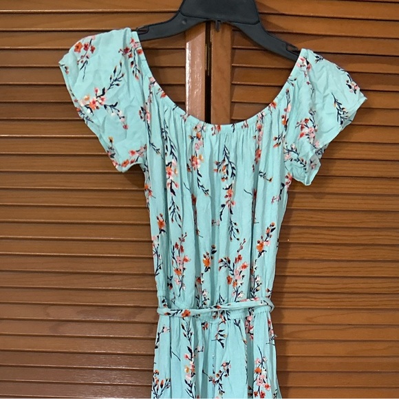 Off The Shoulder High Low Aqua Floral Belted Maxi Dress - Picture 3 of 6